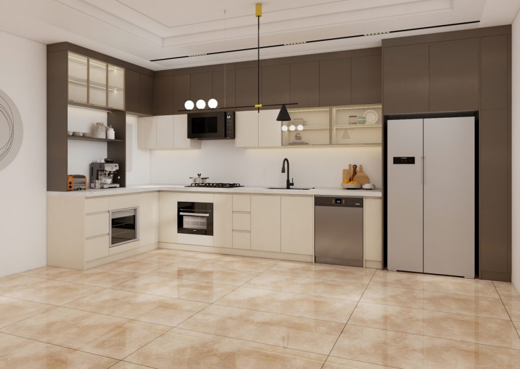 Modern kitchen with two-tone cabinets, integrated appliances, and open shelving.
