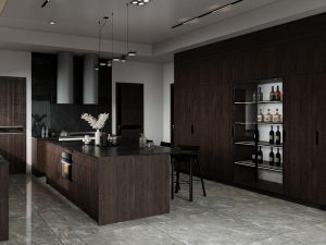 A modern U-shaped kitchen featuring dark wood finishes, a glass-front wine cabinet, and a minimalist design with sleek, integrated appliances.