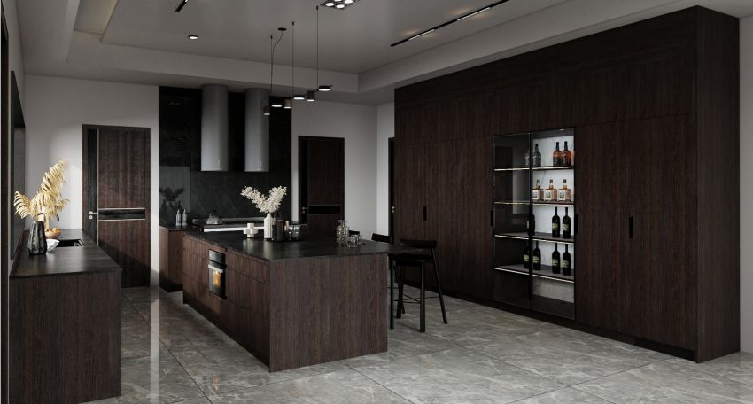 A modern U-shaped kitchen featuring dark wood finishes, a glass-front wine cabinet, and a minimalist design with sleek, integrated appliances.
