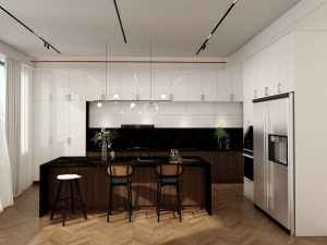Modern kitchen with white cabinetry, black marble accents, and stainless steel refrigerator.