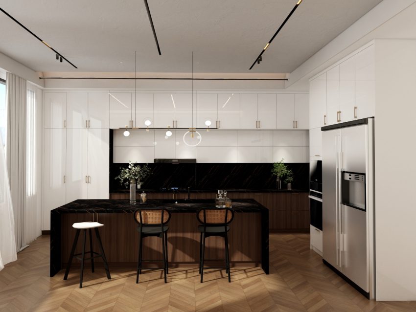Modern kitchen with white cabinetry, black marble accents, and stainless steel refrigerator.