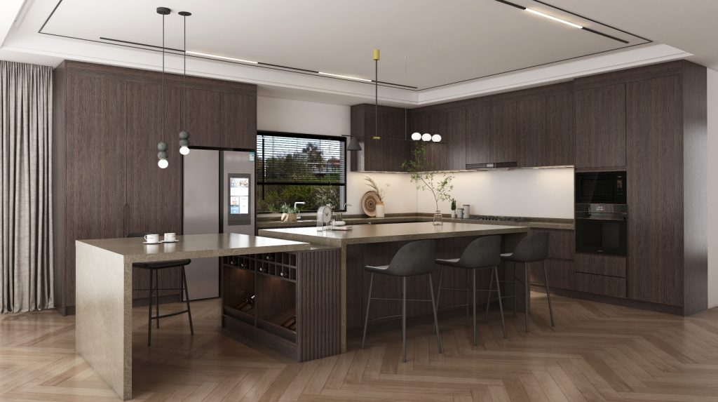 Luxurious kitchen featuring elegant wooden cabinets, a spacious island, and integrated modern appliances