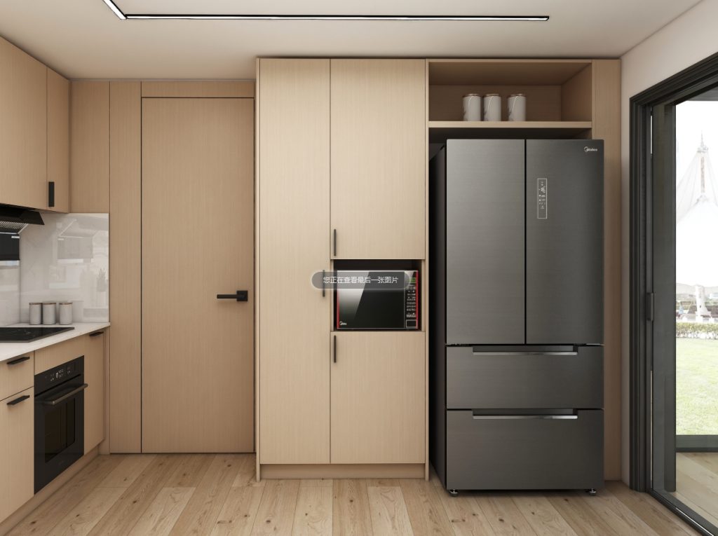 Kitchen with light wood cabinets, open shelving, and white countertops