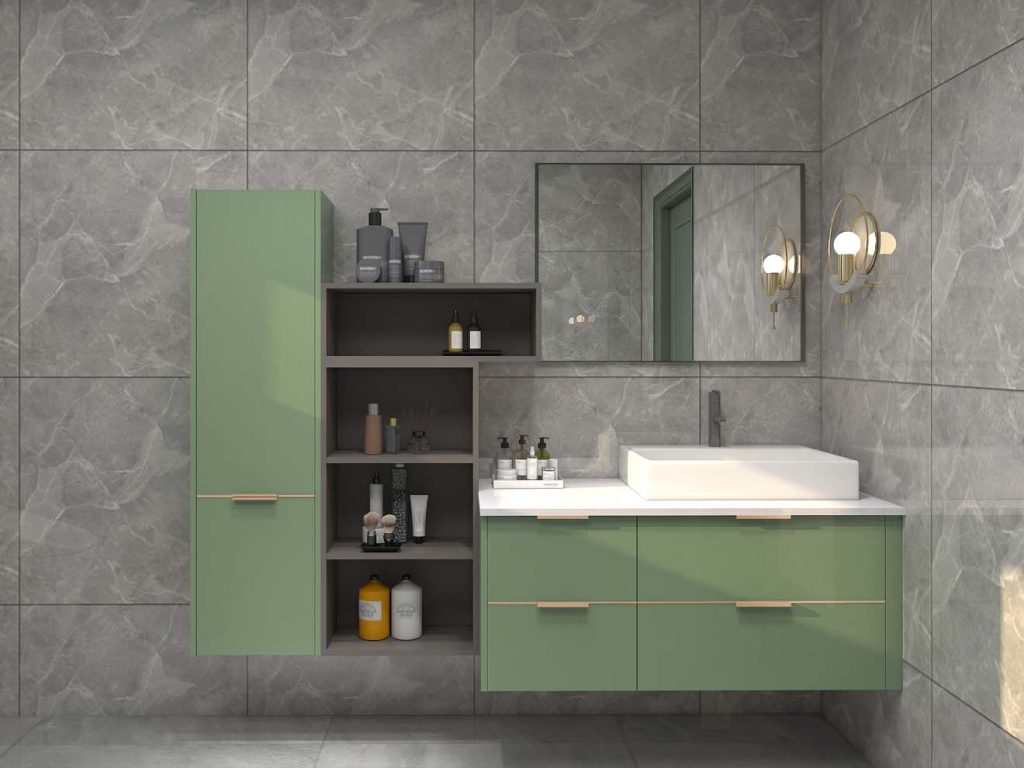 Contemporary Sage Green Bathroom Cabinets with Gold Accents