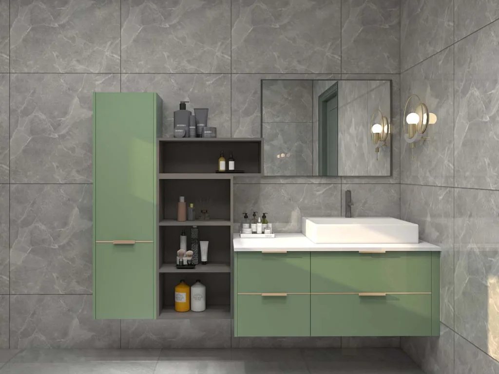Contemporary Sage Green Bathroom Cabinets with Gold Accents