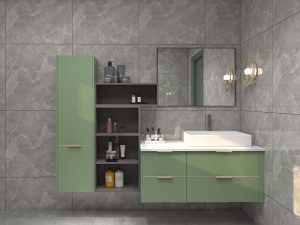 Contemporary Sage Green Bathroom Cabinets with Gold Accents