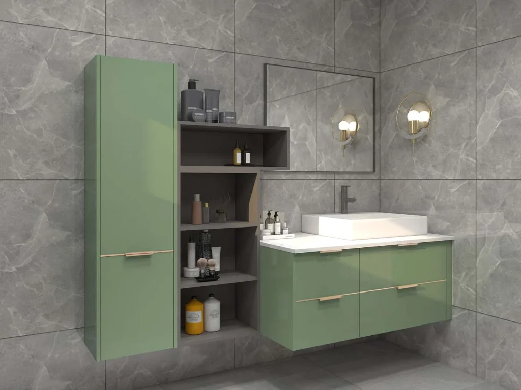 Contemporary Sage Green Bathroom Cabinets with Gold Accents