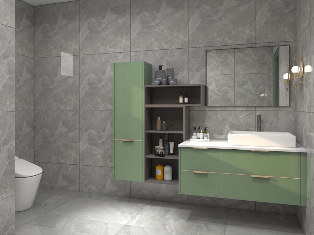Contemporary Sage Green Bathroom Cabinets with Gold Accents