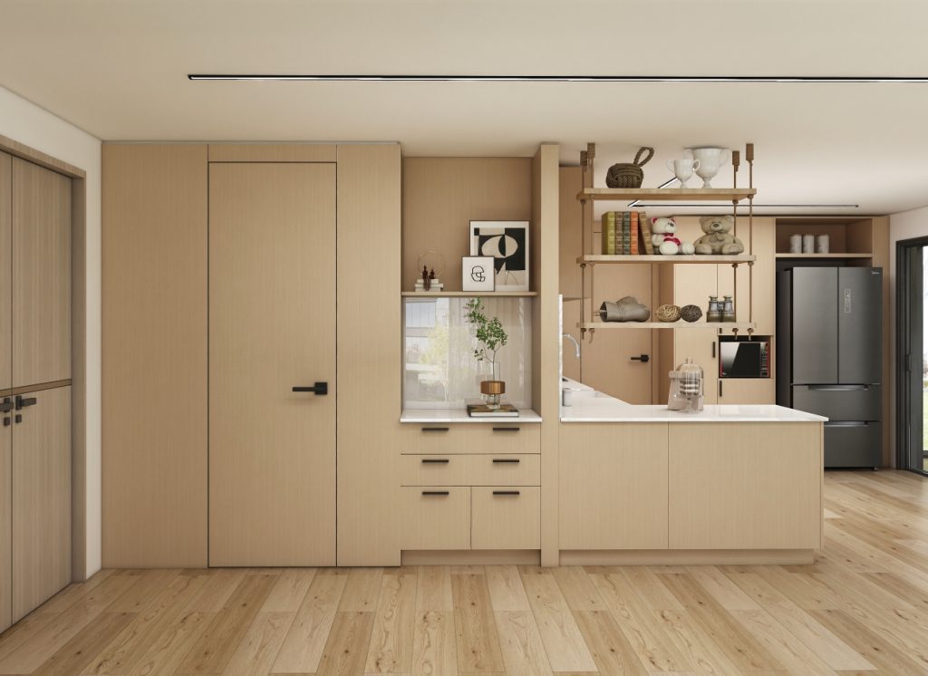 Modern kitchen featuring light wood cabinets and white surfaces