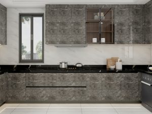 Modern kitchen featuring dark marble cabinets, black countertops, and integrated appliances for a sleek and luxurious look.