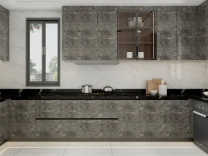 Modern kitchen featuring dark marble cabinets, black countertops, and integrated appliances for a sleek and luxurious look.