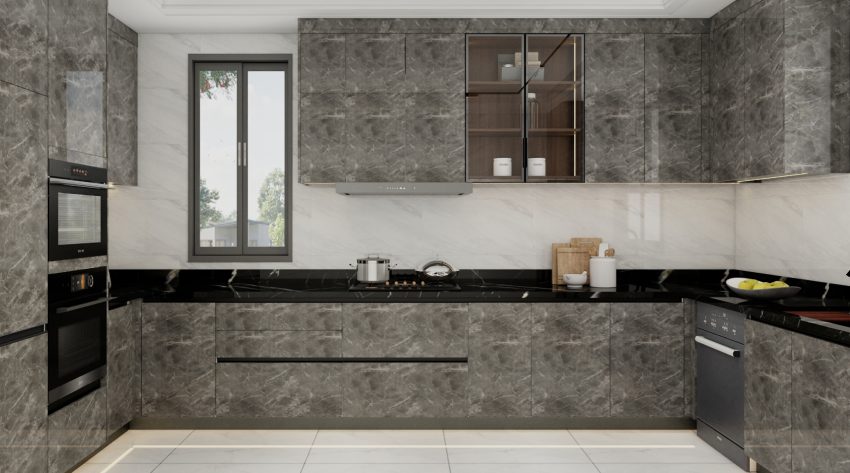 Modern kitchen featuring dark marble cabinets, black countertops, and integrated appliances for a sleek and luxurious look.