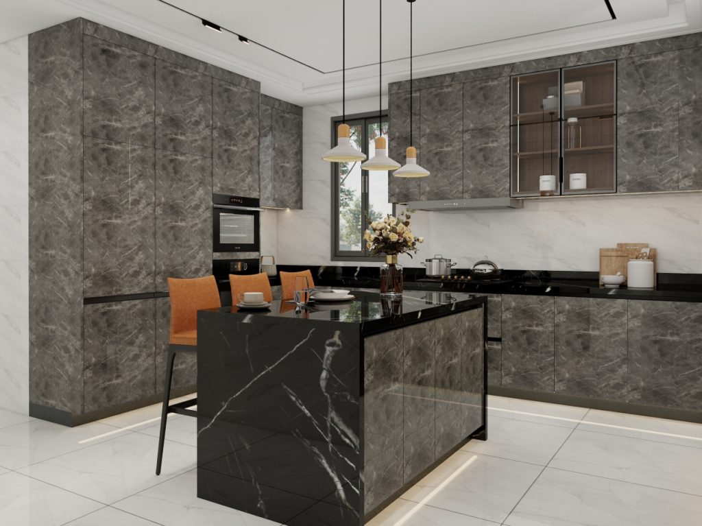 Modern kitchen with dark marble cabinets, a sleek black island, and elegant pendant lighting.
