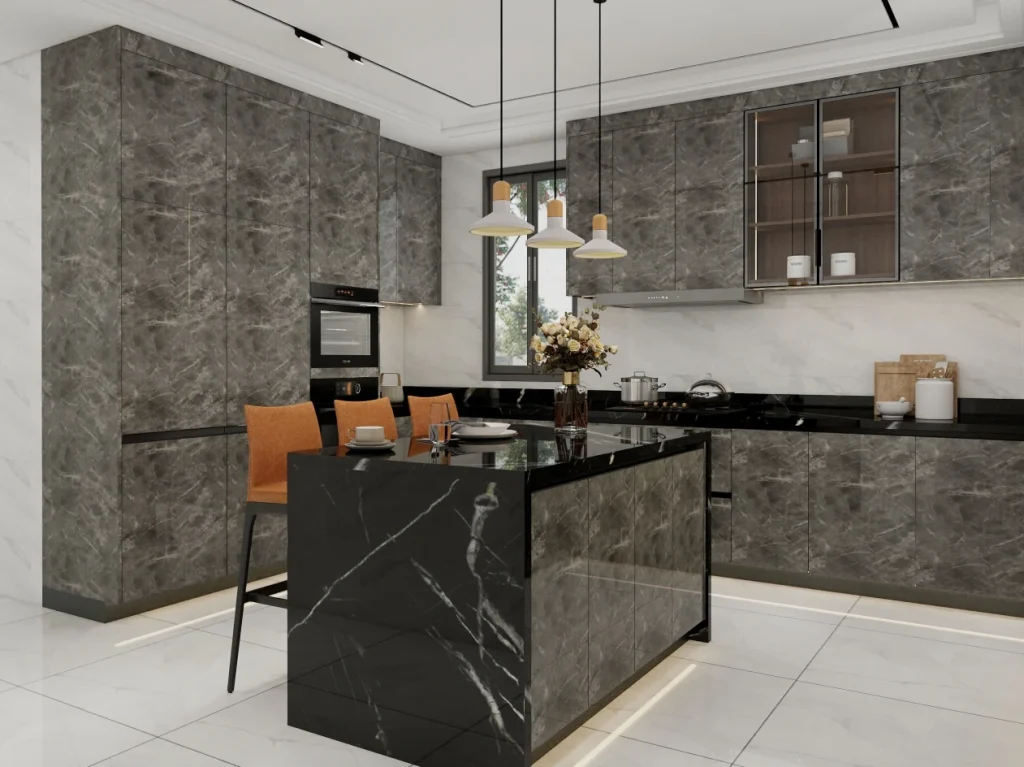 Modern kitchen with dark marble cabinets, a sleek black island, and elegant pendant lighting.