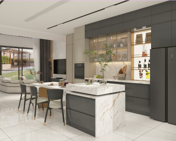 Modern minimalist kitchen with sleek cabinetry, a marble island, and open shelving.