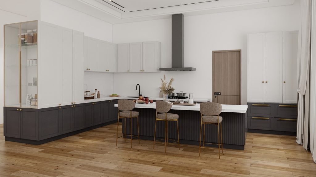 A luxurious kitchen featuring dual-tone plywood cabinets, modern accents, and a large island with seating, perfect for a sophisticated and functional space.
