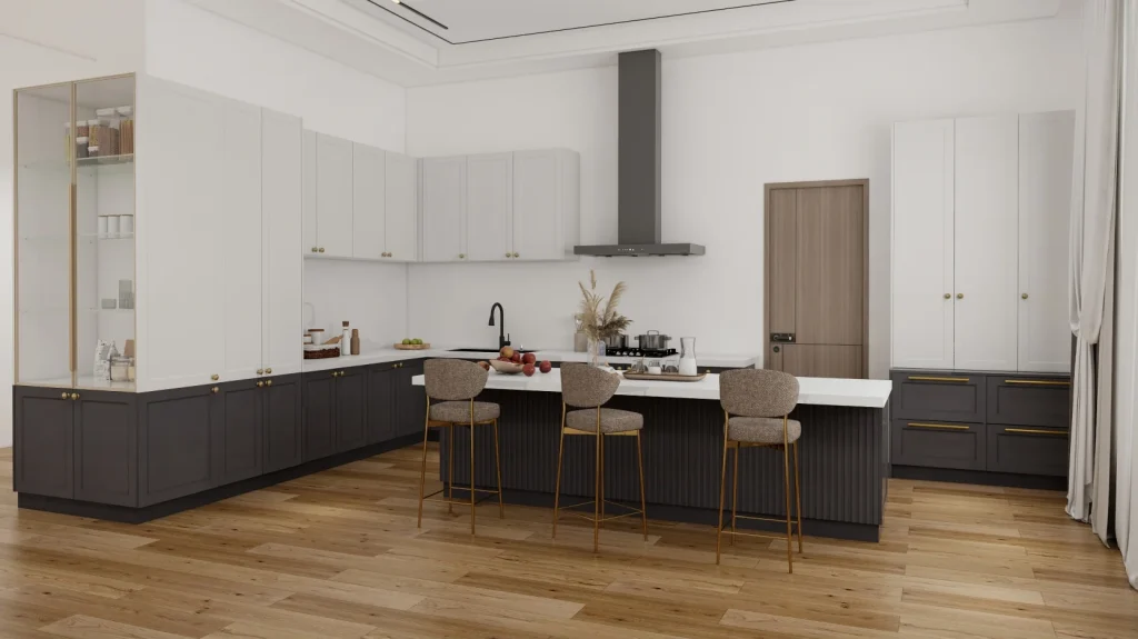 A luxurious kitchen featuring dual-tone plywood cabinets, modern accents, and a large island with seating, perfect for a sophisticated and functional space.