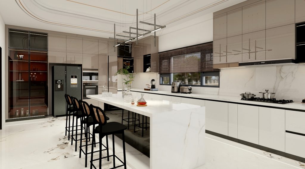Contemporary kitchen with glossy wooden veneer cabinets, large white island, and modern appliances.