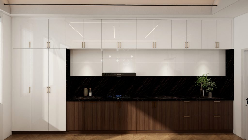 Contemporary kitchen with white gloss cabinets, dark countertops, and stainless steel appliances.