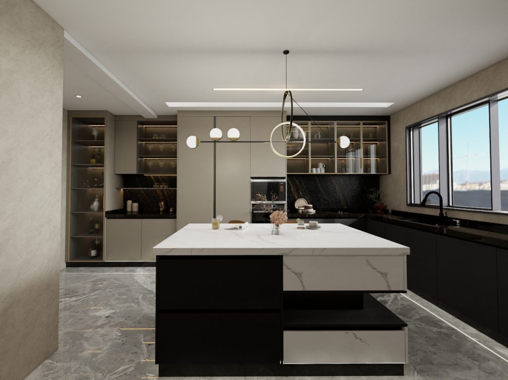 Luxury modern kitchen with a large marble island, sleek black and beige cabinets, and elegant lighting fixtures.