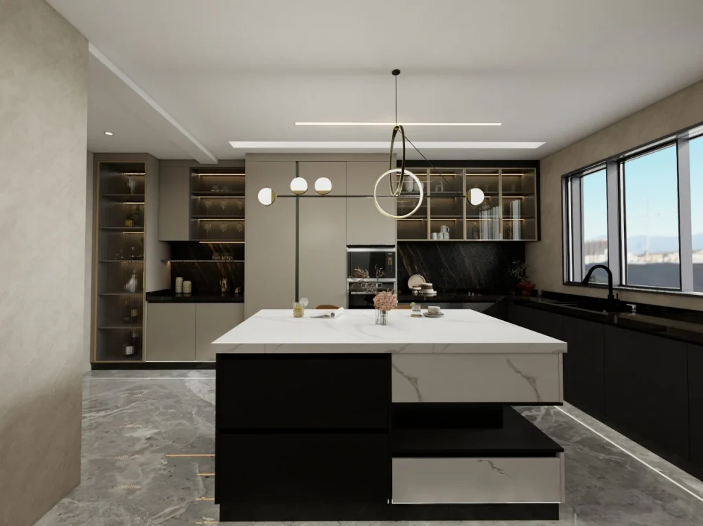Luxury modern kitchen with a large marble island, sleek black and beige cabinets, and elegant lighting fixtures.
