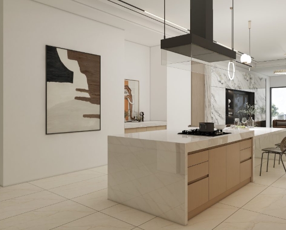 Sleek kitchen island with a marble finish and light wood cabinets in a minimalist kitchen design.