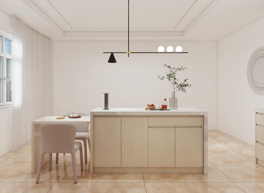Minimalist kitchen island with soft beige cabinets, marble countertop, and integrated seating.