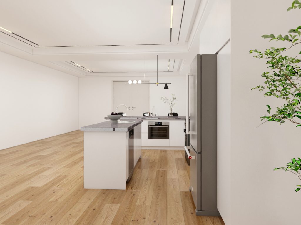 Sleek kitchen design featuring a minimalist island, two-tone cabinets, and natural wood flooring, accented by modern lighting.
