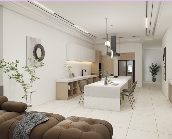 Bright, minimalist kitchen featuring a marble island, soft-tone cabinetry, and an open-plan layout.
