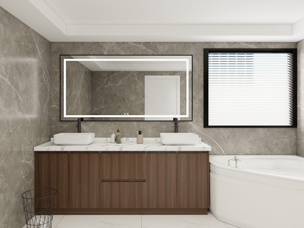 Spacious bathroom with a minimalist oak vanity and white countertop, set against luxurious marble walls with a large, illuminated mirror.