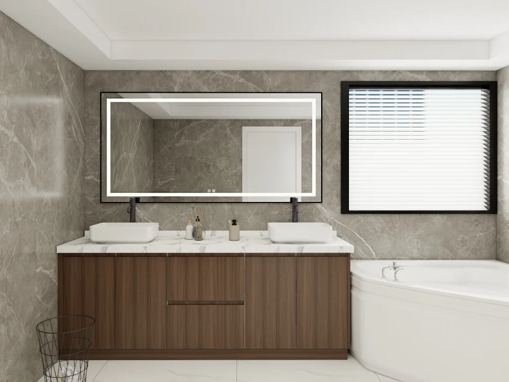 Spacious bathroom with a minimalist oak vanity and white countertop, set against luxurious marble walls with a large, illuminated mirror.
