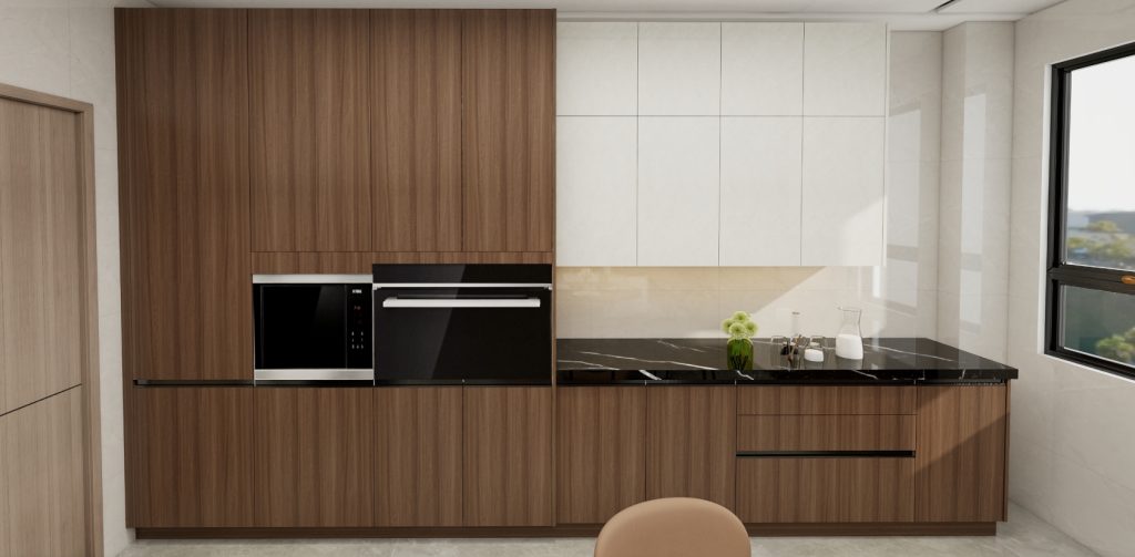 Modern kitchen with two-tone wood and white cabinets, integrated appliances, and black marble countertops.