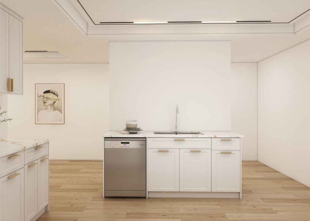 Top view of a modern kitchen with white shaker cabinets and marble countertops