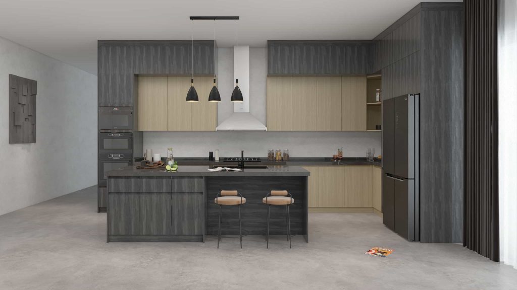 Modern-Black-and-Wood-L-Shaped-Kitchen-Cabinets