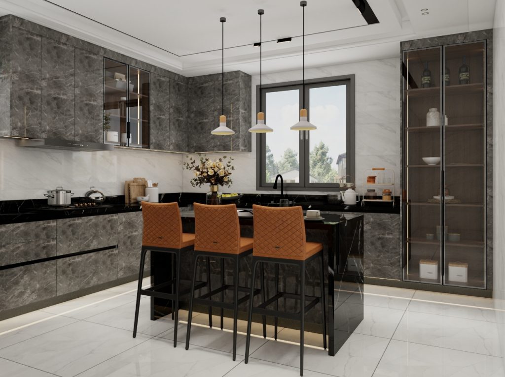 Contemporary kitchen with dark marble cabinets, a black island with seating, and pendant lighting.