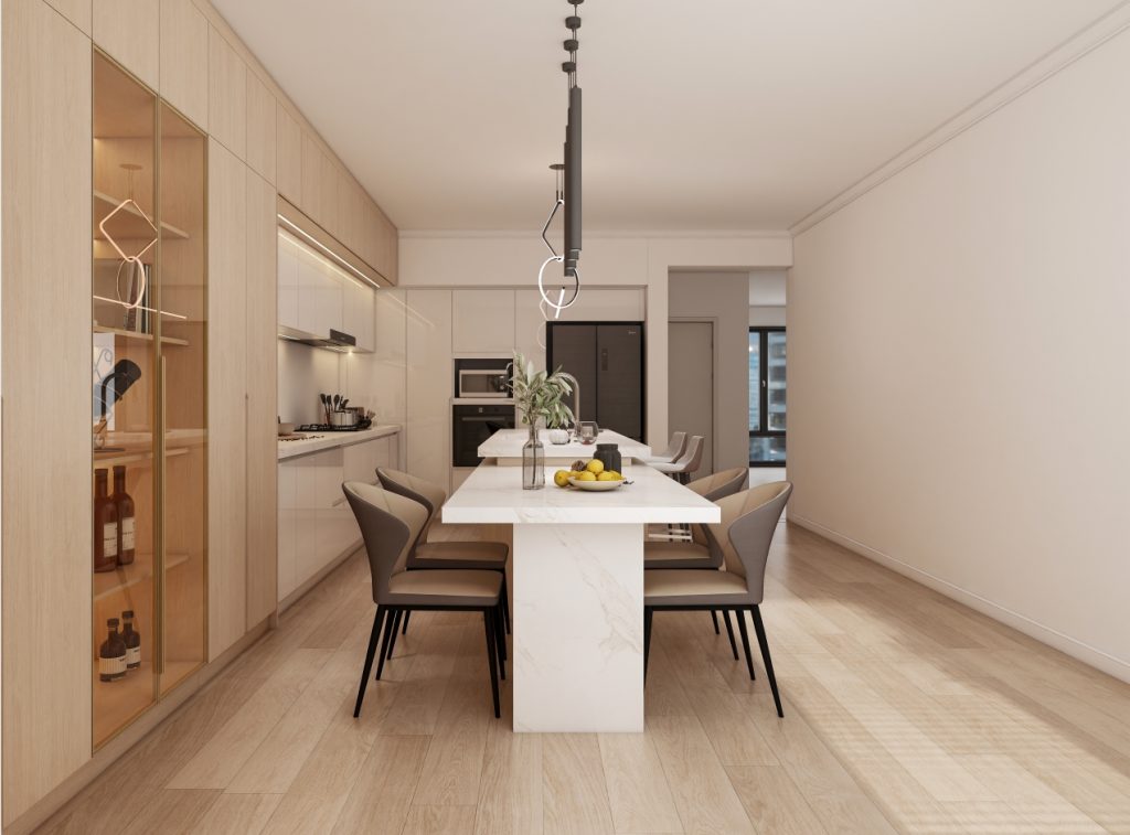 Sleek kitchen layout with minimalist cabinetry, a marble-topped island, and elegant storage solutions, ideal for a modern cabinet renovation.