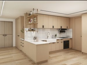 Modern kitchen with light wood cabinetry, open shelving, and sleek white countertops.