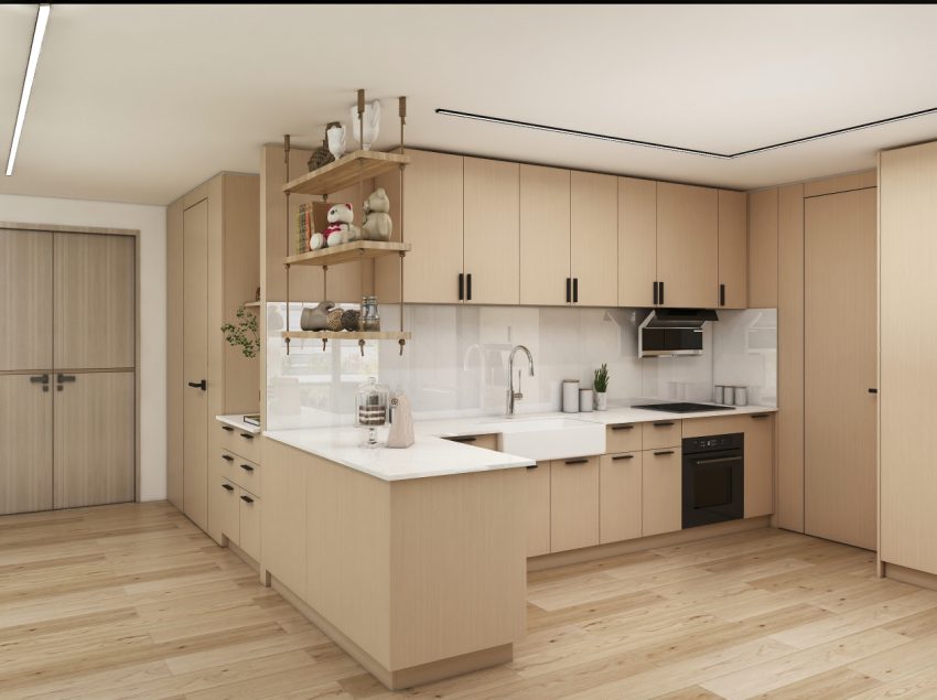 Modern kitchen with light wood cabinetry, open shelving, and sleek white countertops.
