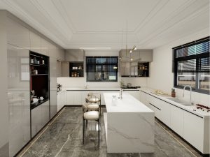 Modern kitchen with sleek cabinetry by a professional cabinet maker, featuring a spacious marble island and high-gloss finishes.