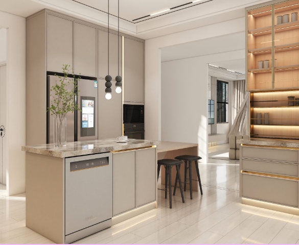 Contemporary kitchen featuring integrated appliances, a sleek island, and soft lighting, designed for modern living.