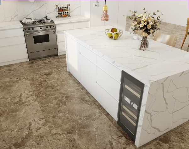 Close-up of a modern minimalist kitchen island with white cabinets, marble countertop, and built-in wine cooler.