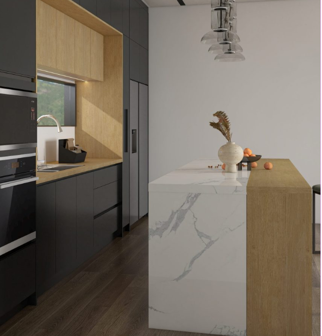 Modern minimalist kitchen featuring dark cabinets, wood accents, and a marble island.