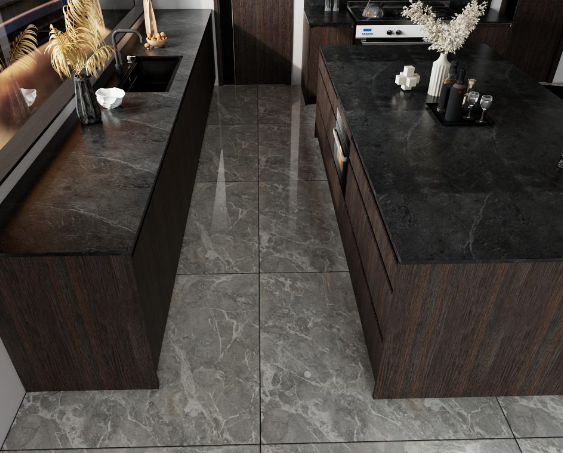 Modern minimalist kitchen featuring dark wood cabinets, industrial accents, and sleek lighting.