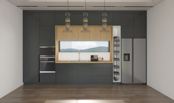 Modern minimalist kitchen with sleek dark cabinets and light wood accents, featuring integrated appliances.