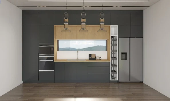 Modern minimalist kitchen with sleek dark cabinets and light wood accents, featuring integrated appliances.