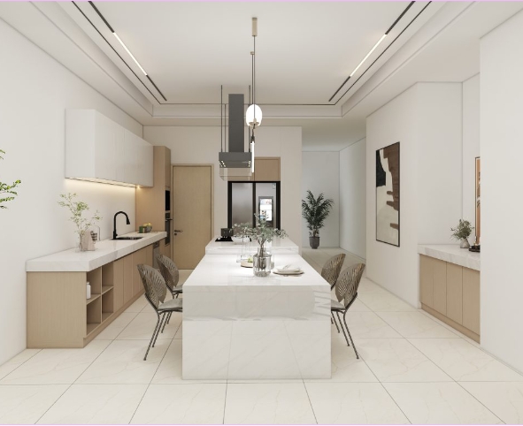 Bright minimalist kitchen featuring a sleek marble island, light wood cabinetry, and an open, airy design.