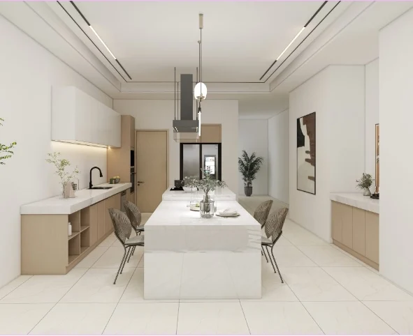 Bright minimalist kitchen featuring a sleek marble island, light wood cabinetry, and an open, airy design.