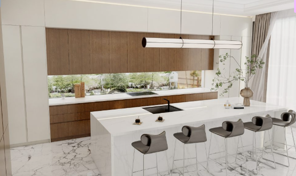 Modern minimalist kitchen with walnut cabinets, large marble island, and stylish pendant lighting.