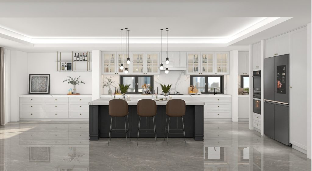 A modern kitchen featuring light plywood cabinets, a large central island, and elegant pendant lighting, designed for a sleek and functional space.