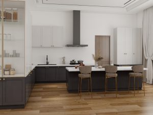 A modern kitchen design featuring plywood and wooden cabinets, with a large island and glass-fronted display cabinets.